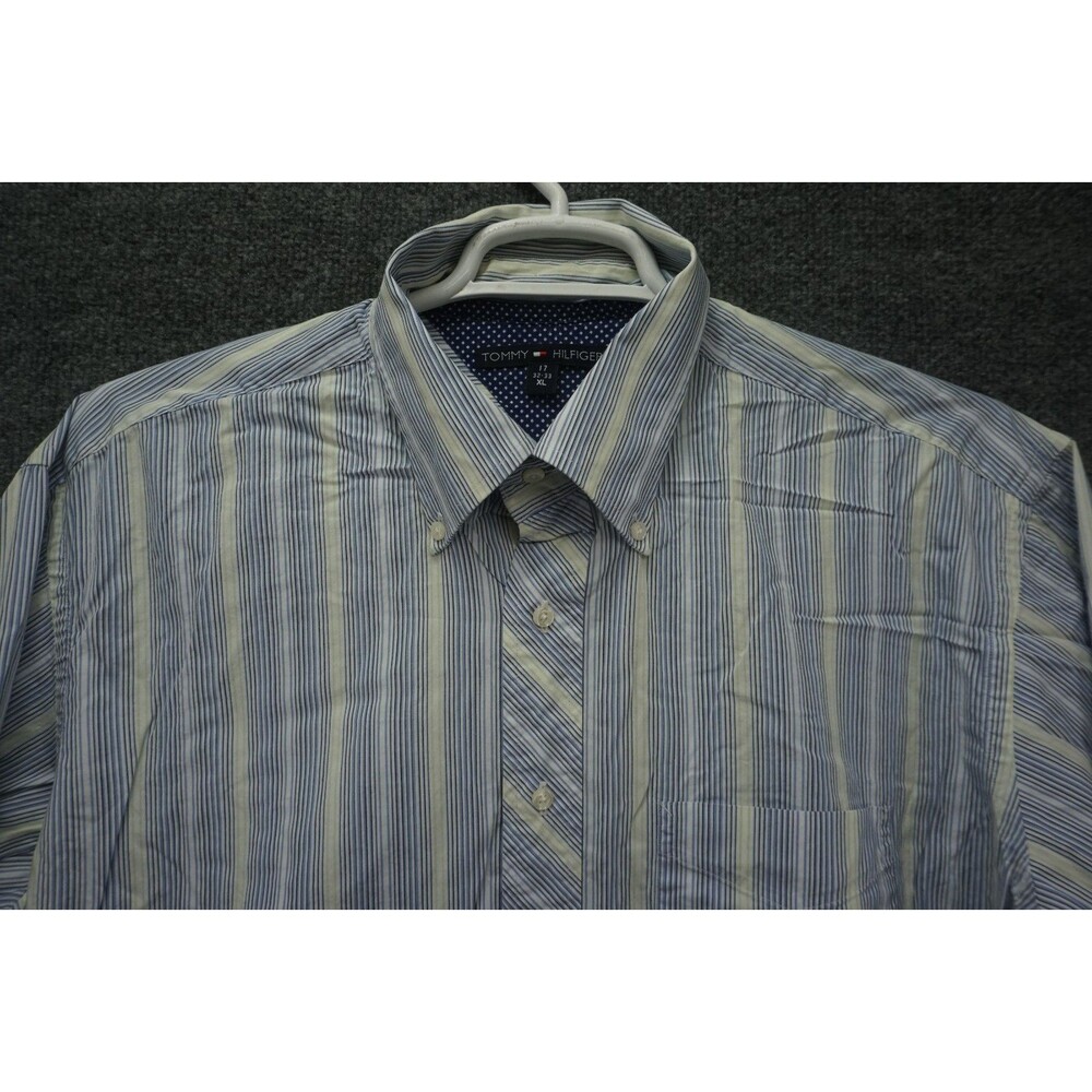Tommy Hilfiger Mens Dress Shirt 17 32/33 XL Light Blue Gray Striped Long Sleeve